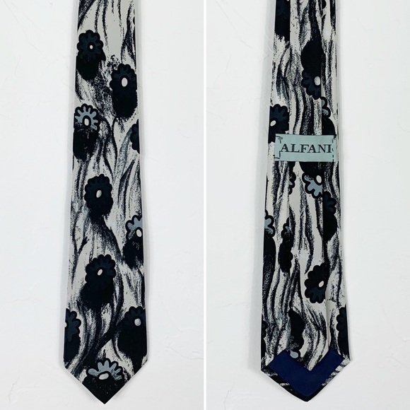 ALFANI Black and White Mod Floral Polyester Tie - Picture 2 of 5